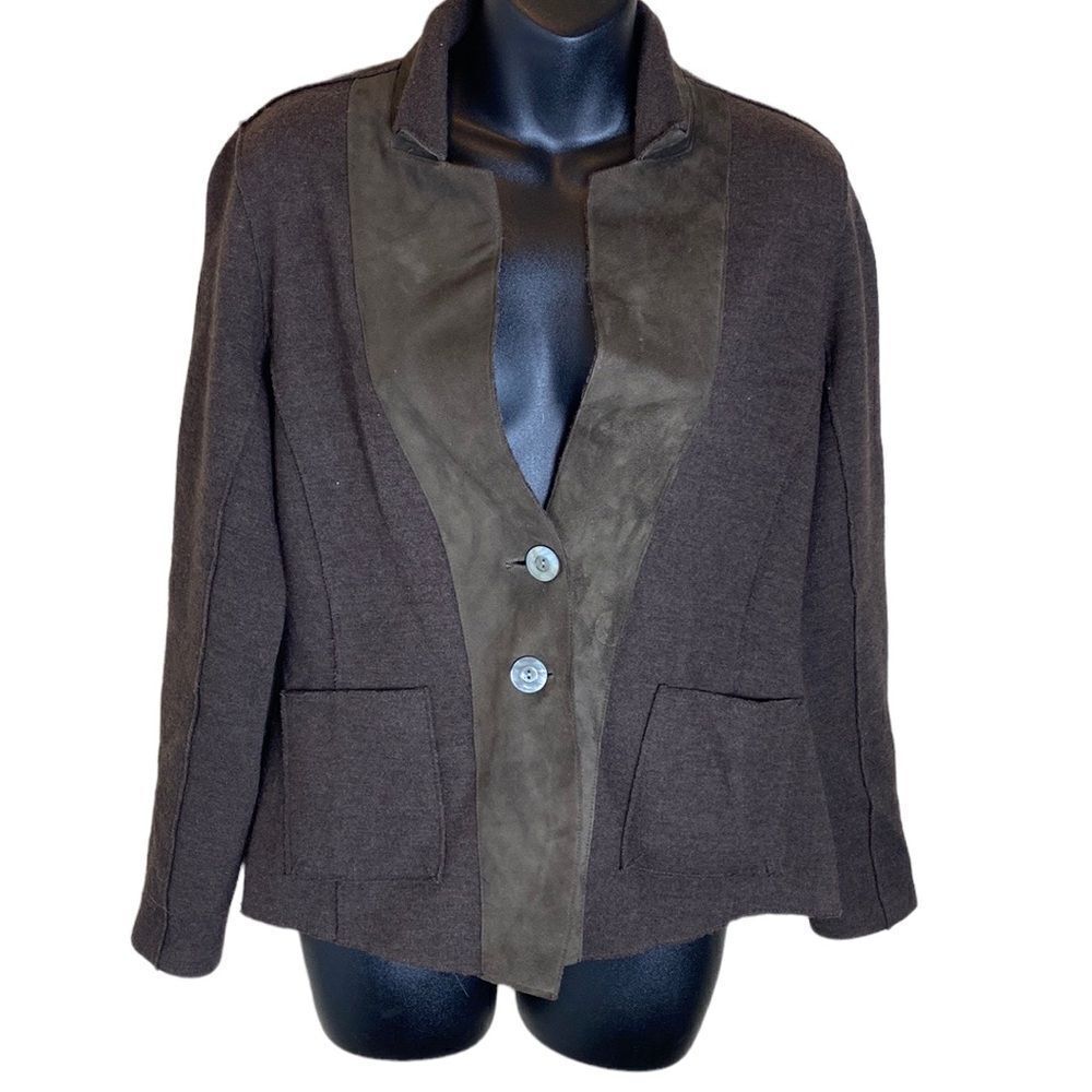 Eileen fisher brown merino‎ wool lamb leather blazer jacket xs western